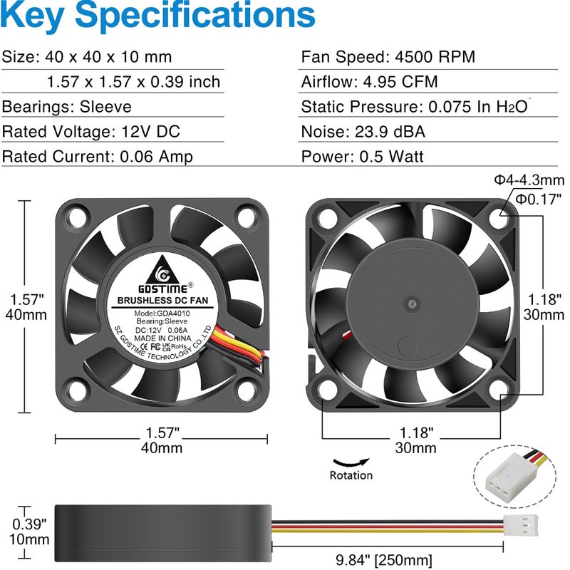 GDSTIME 40mm Fan 3 Pin, 12V 40x40x10mm Mini Computer PC Case DC Brushless Cooling Fan Replacement for CPU Cooler, Northbridge Heatsink, 3D Printers (2 Pack) - Image 4